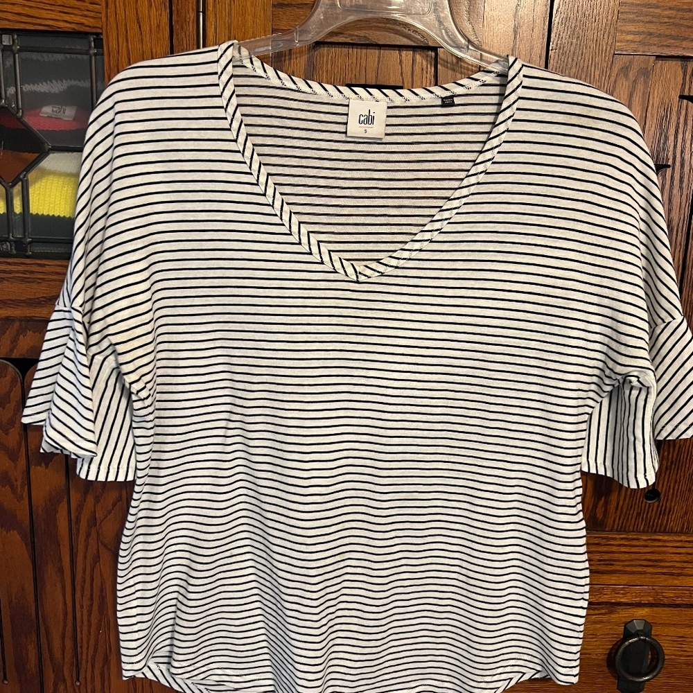 Cabi short sleeved, black and white striped cotton shirt, in Med